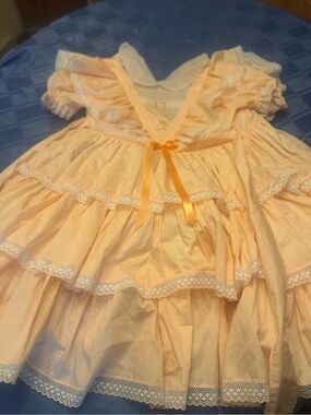 Girls Peach Lace-Tiered Party Dress with Satin Ribbon
